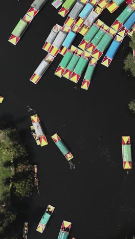 Trajinera-boats-on-Xochimilco-lake,-Mexico,-vertical-mode