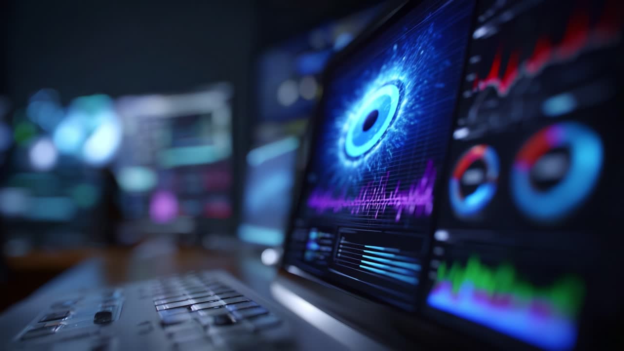 Futuristic Data Visualization on Computer Screens Showcasing Analytical Patterns and Graphs in a High-Tech Environment with Vibrant Colors and Designs