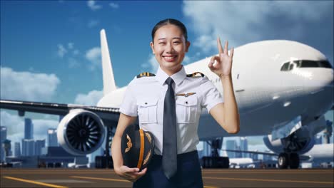 여자 조종사 가 공항 에서 ok 신호 를 주고 있다