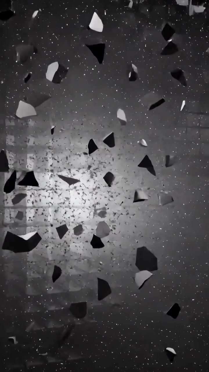 Video verticale: Griglia che si rompe scagliando schegge e polvere dopo una fessura centrale nel vuoto, mostrando una luce interna.
