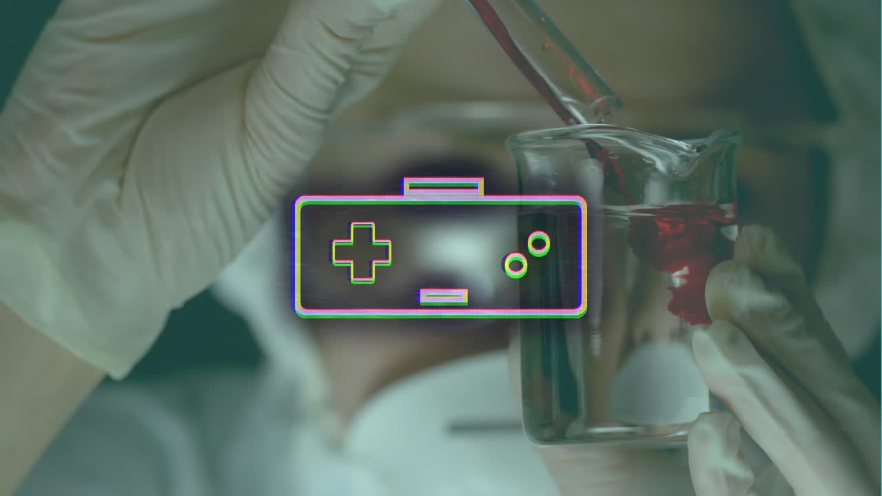 animación del icono del gamepad sobre una científica caucásica con vasos.