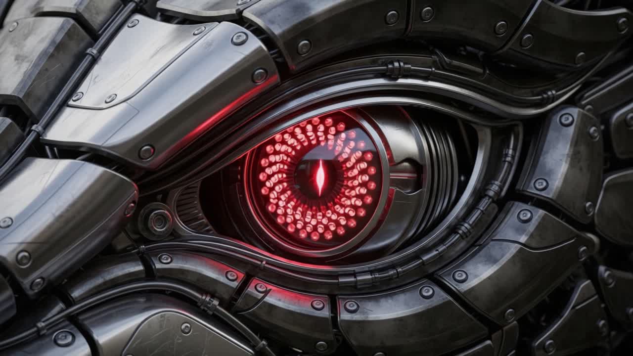 Close-Up of a Futuristic Robot's Eye: A Detailed Exploration of Mechanized Elements and Luminous Features in an Advanced Cybernetic Design