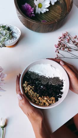 healthy breakfast bowl with yogurt, chia seeds, granola and blueberries