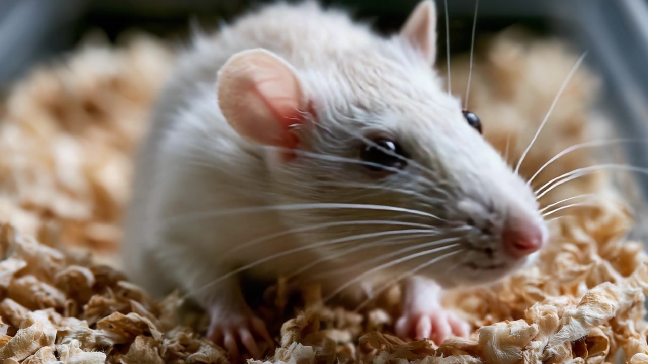 Primer plano cautivador de una rata blanca juguetona en su cómoda cama, resaltando sus adorables características y su expresión curiosa.