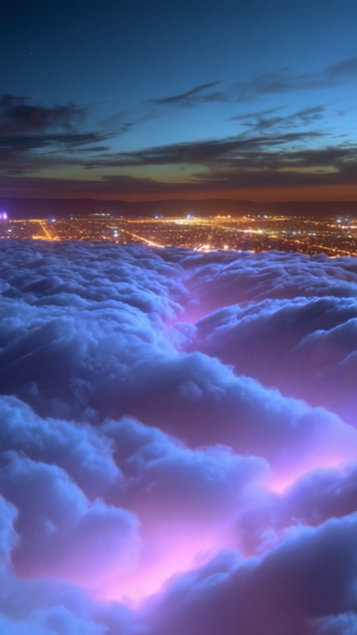 Crepuscolo Incantevole su Paesaggio Urbano: Nuvole Eteree Viola e Blu Illuminate dalle Luci Lontane della Città, Atmosfera Accattivante di Tranquillità e Meraviglia