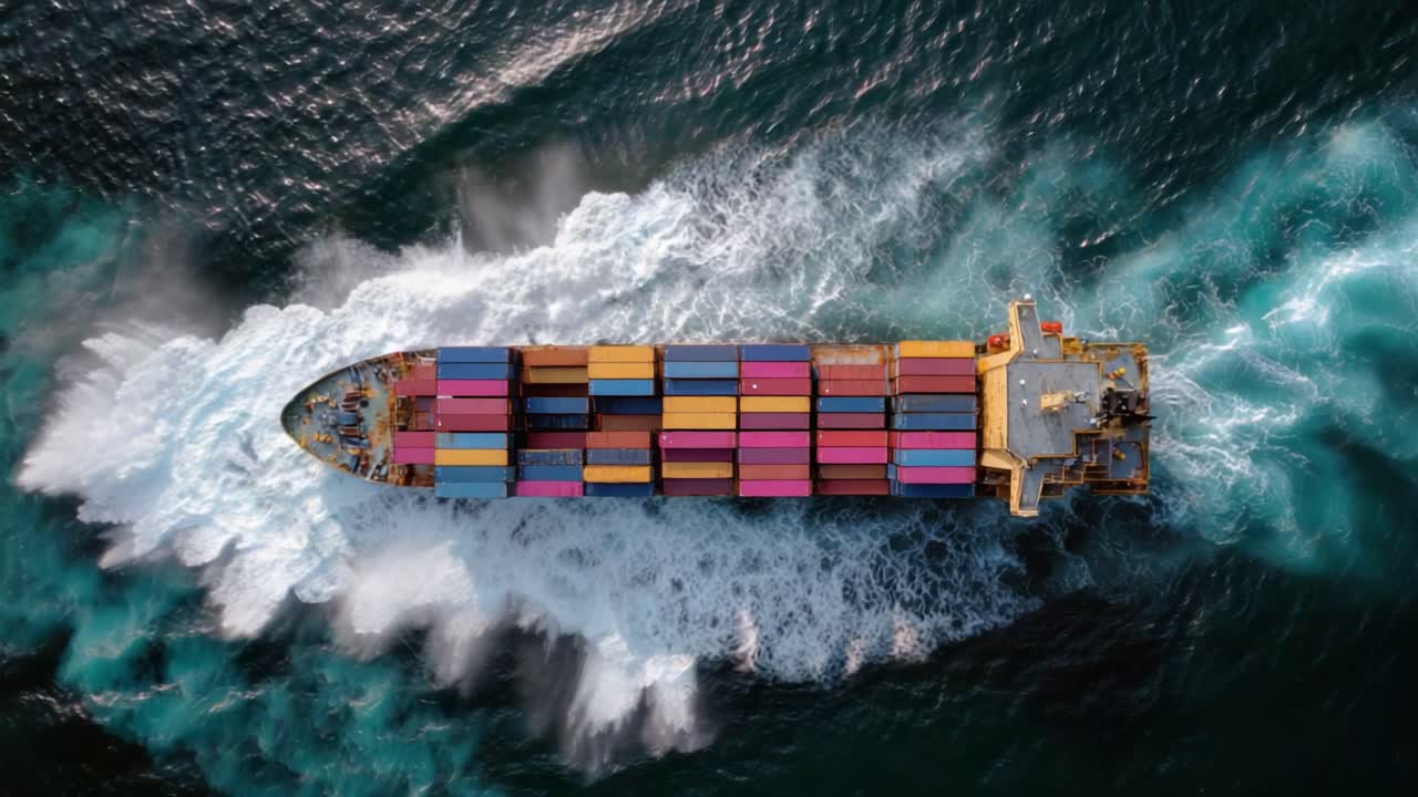 Aerial View of a Freight Ship Navigating Through Turbulent Waters, Showcasing Vibrant Containers Against a Dramatic Ocean Background