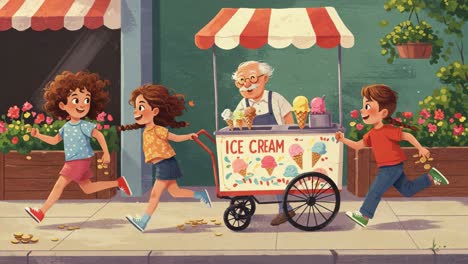 joyful children running towards an ice cream cart featuring a happy vendor with a variety of ice cream flavors in a colorful park setting