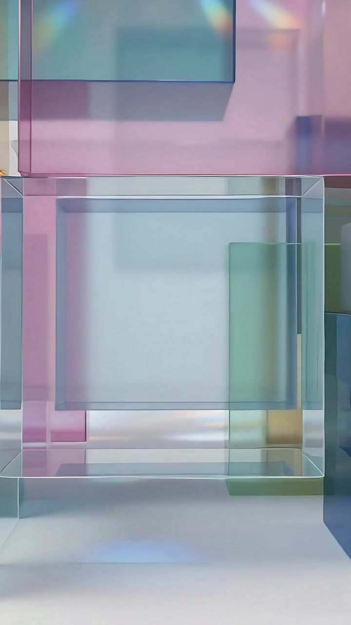Video vertikal: Kamera bergerak menggambar kotak kaca ke tengah di set terang, menampilkan panel pastel.
