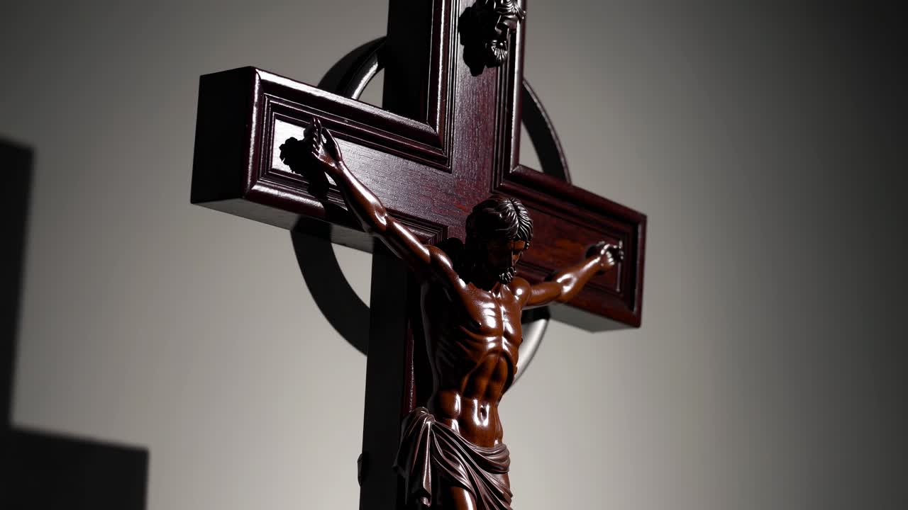 Close-up, foto em ângulo baixo de um crucifixo de madeira contra um plano de fundo escuro, destacando seus detalhes