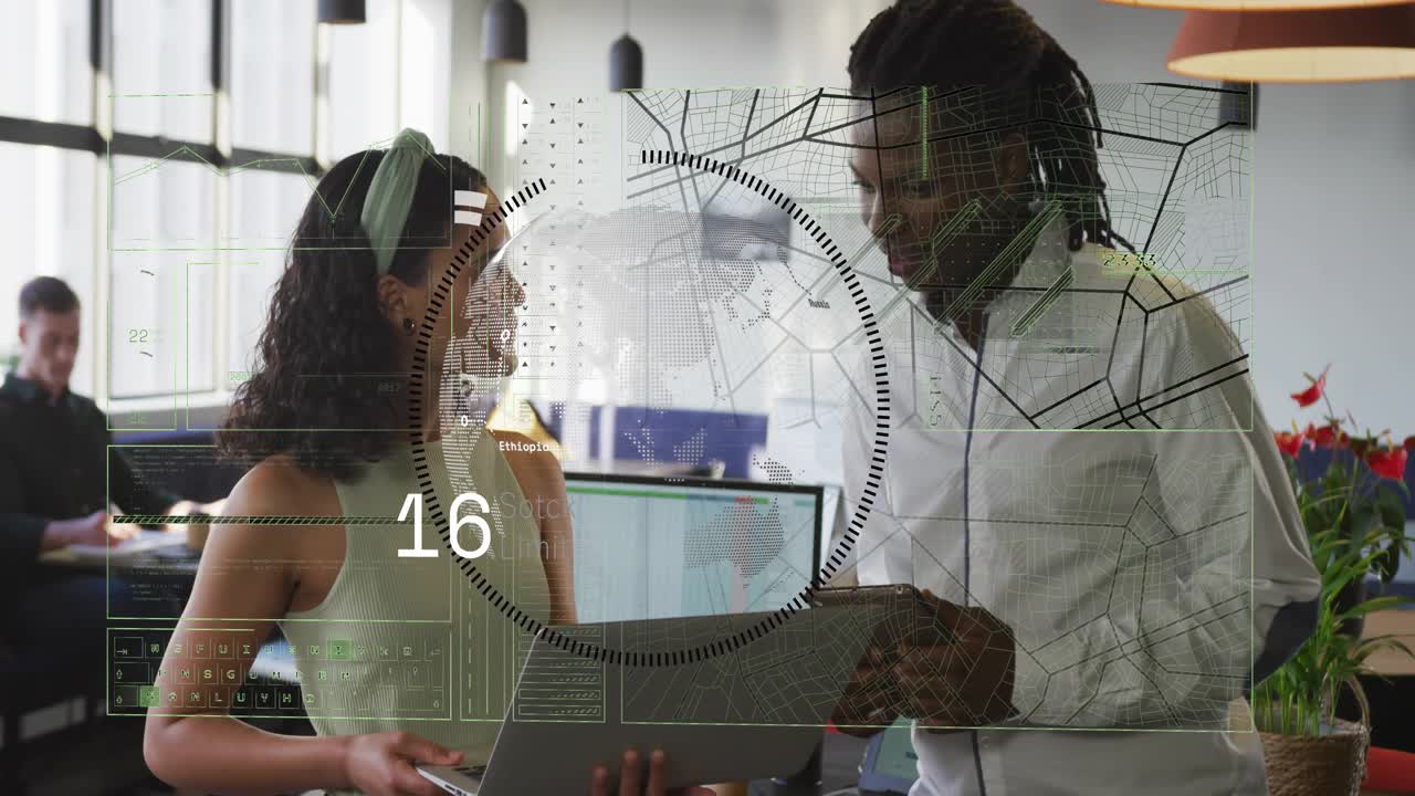 Woman holding laptop and man tapping phone checking tech data, HUD globe, numbers overlaying scene