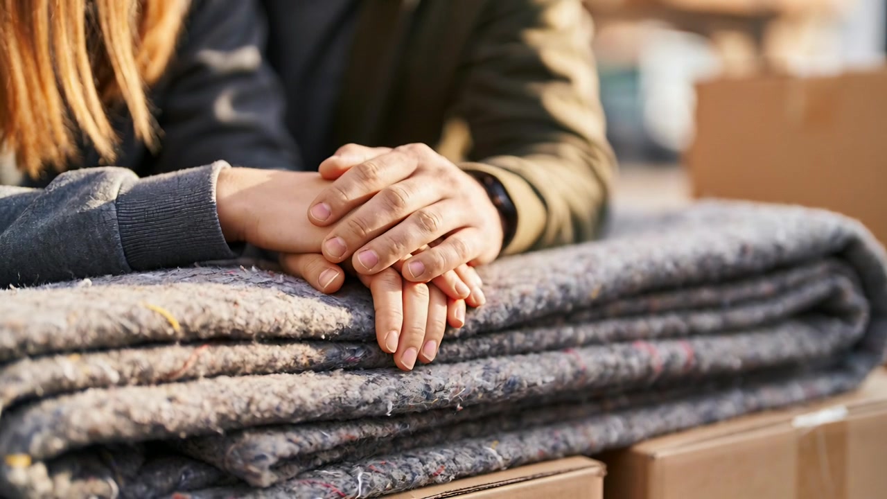 Coppia che si sistema, posando le mani giunte su coperte da trasloco piegate sopra scatole da imballaggio, mostrando l'anello.