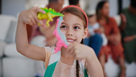 happy, girl and play with dinosaur