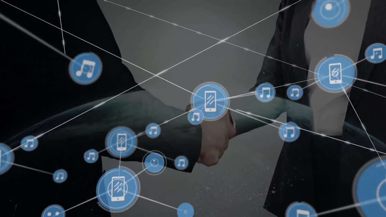 Animation of network of connections with icons over midsection of businesspeople shaking hands