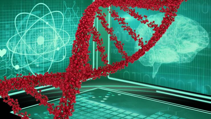 DNA double helix and digital screens
