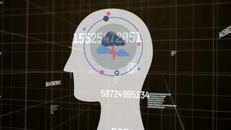 multiple changing numbers over human head against grid network on black background