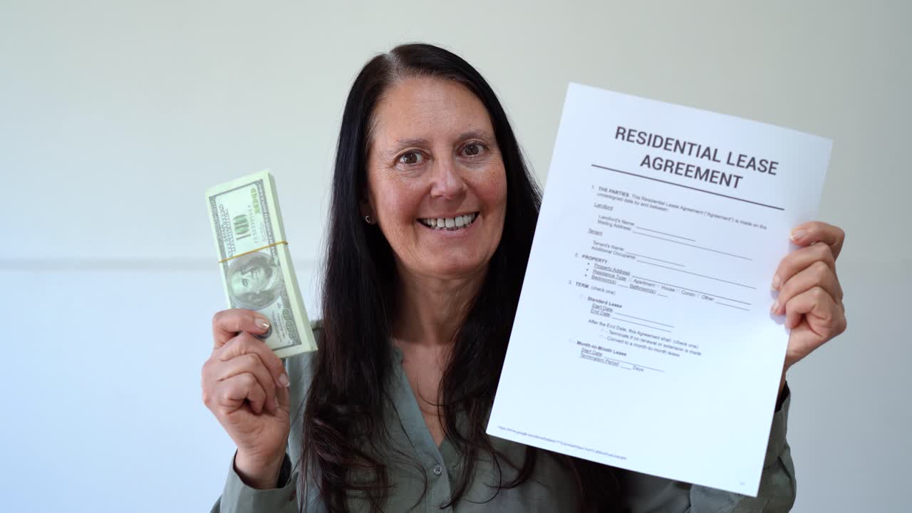 Woman smiling and holding cash and a residential lease agreement. Concept of rent a new home