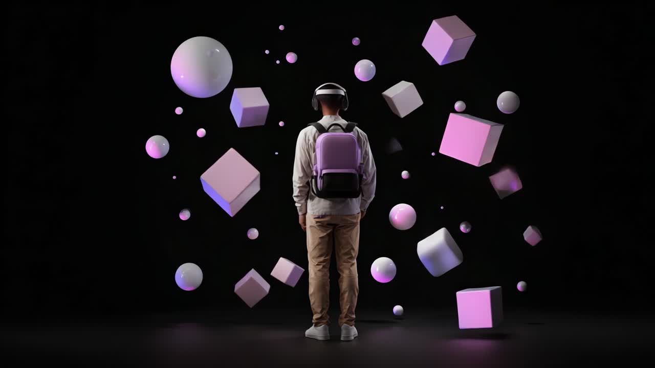 Exploring Virtual Reality: A Glimpse into the Immersive World of Future Technology with 3D Shapes and Digital Landscapes Surrounding a User Engaged in an Enchanting Experience
