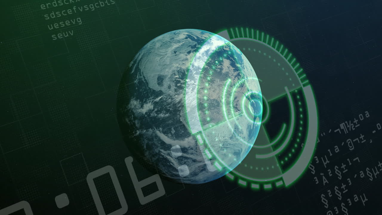 цифровой интерфейс и анимация обработки данных с землей на заднем плане