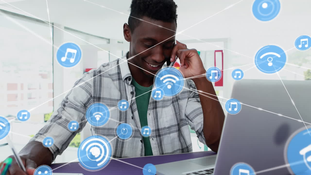Animation of network of connections over african american businessman using smartphone