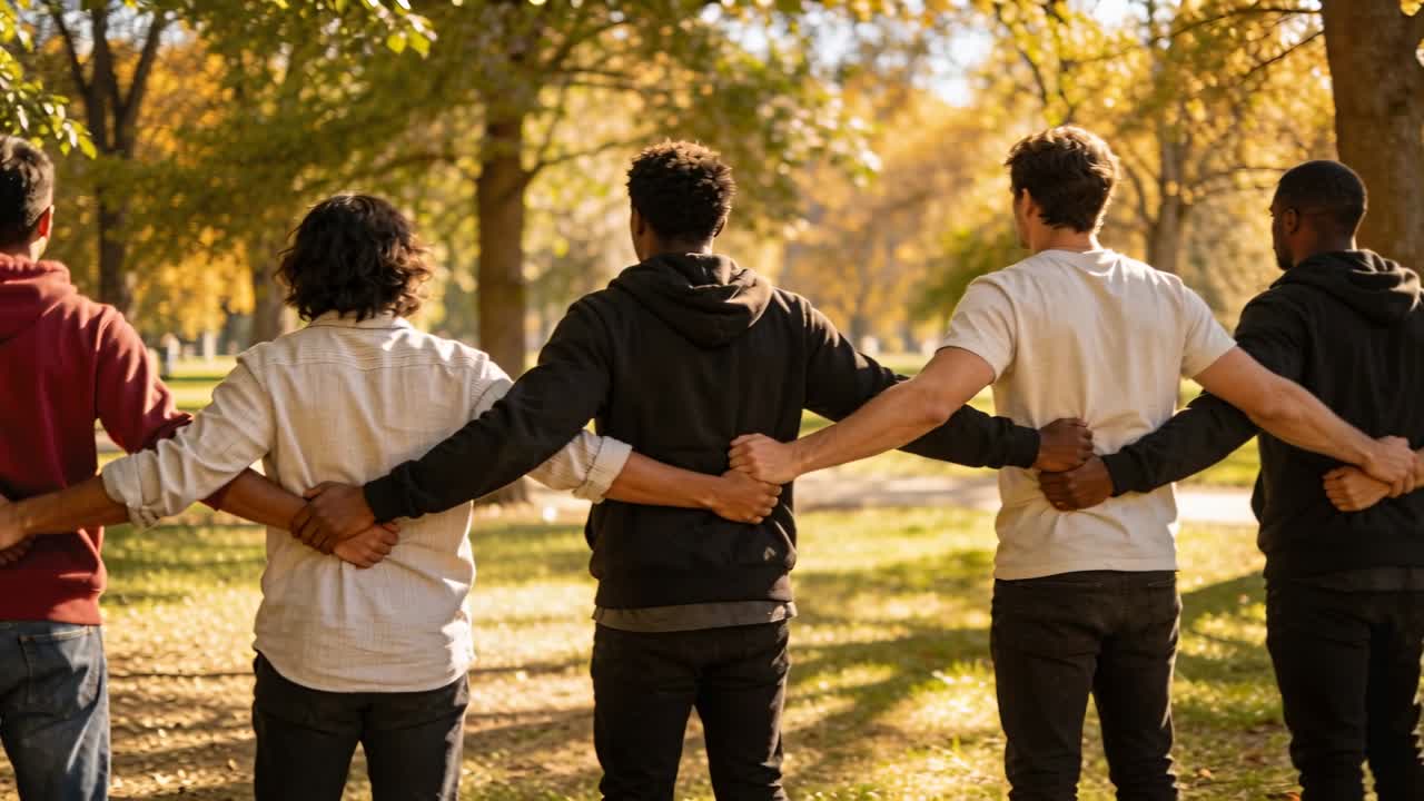 Adults linking arms, welcoming newcomer from left, shifting, showing community unity in autumn park
