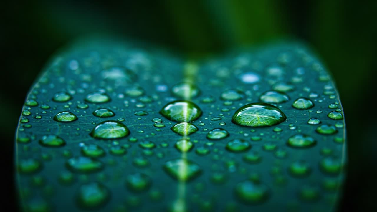 A Glimpse of Nature's Beauty: Close-Up Views of Water Droplets Resting on a Vibrant Green Leaf, Capturing the Essence of Freshness and Life in Every Drop