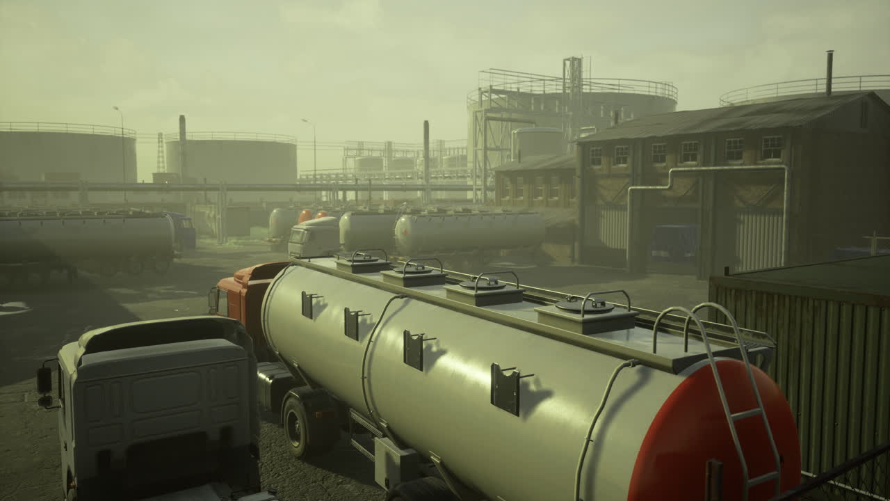 Industrial complex under hazy skies reveals bustling transportation activity