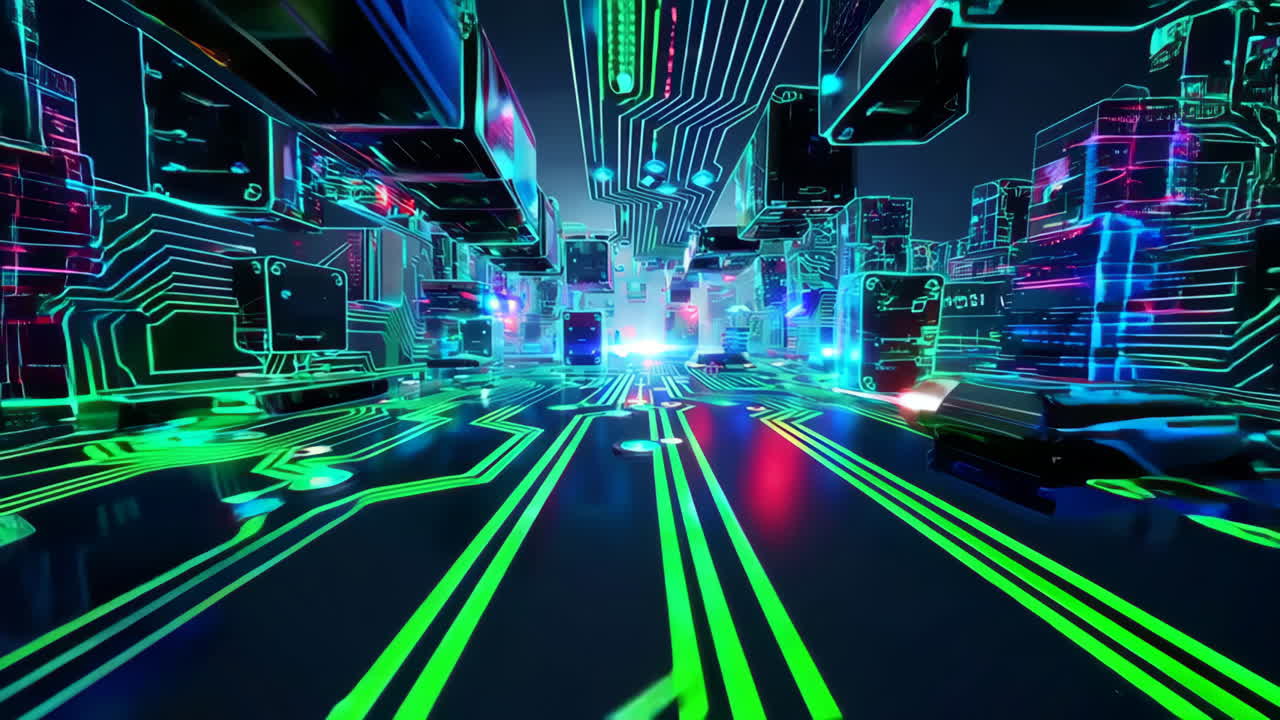 Cyberpunk Cityscape - Futuristic Digital Circuit Board Tunnel
