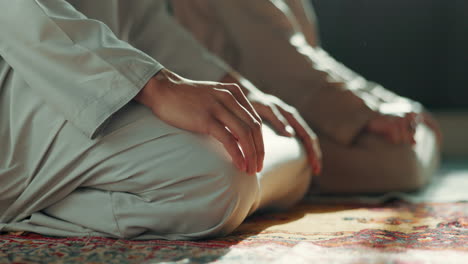 islam, prayer and men kneeling in mosque