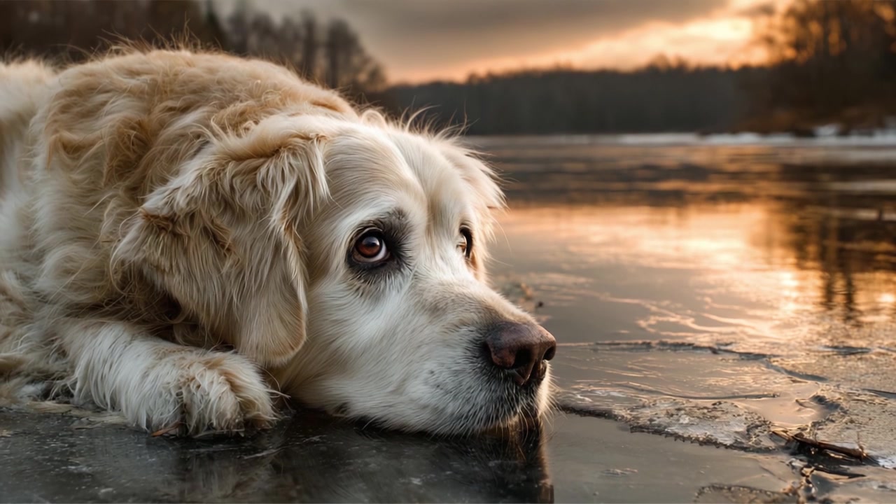 Un Golden Retriever che si riposa accanto a un tranquillo lago ghiacciato al tramonto, catturando la serena bellezza della natura e lo spirito leale della compagnia canina
