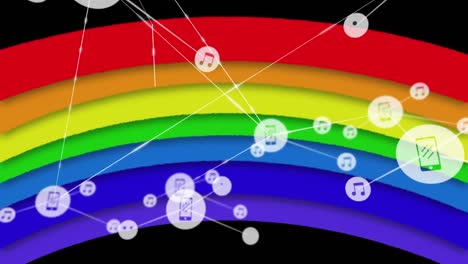 Animation-of-network-of-connections-with-icons-over-rainbow-on-black-background