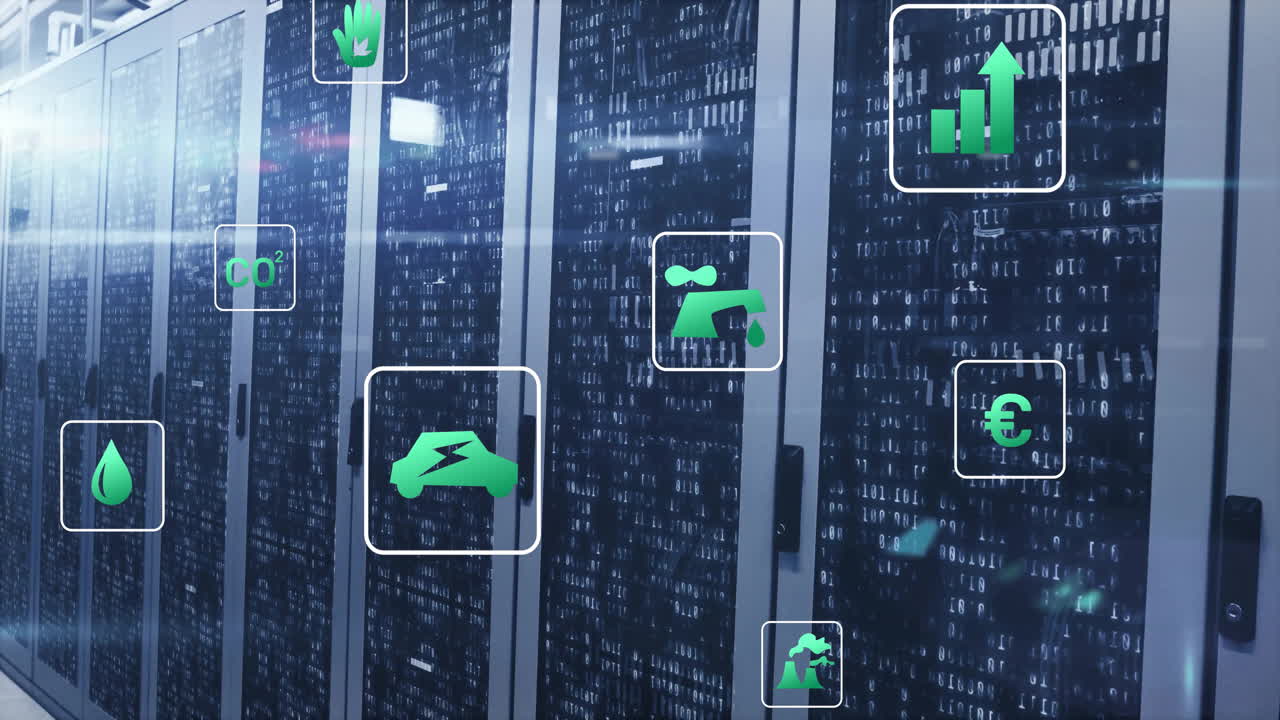 Data center cabinets displaying binary code while floating green icons showing metrics in 3D