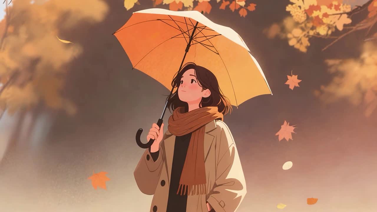 A person under an umbrella with falling leaves
