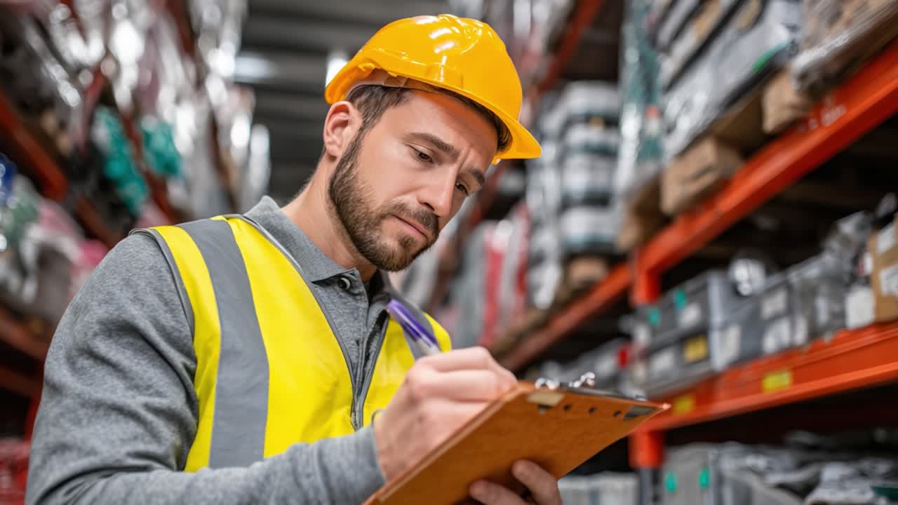 A focused warehouse employee in a high-visibility vest and safety helmet meticulously recording data on a clipboard amidst organized stock shelves