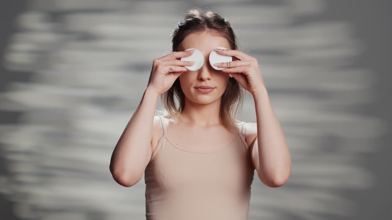 Woman covering eyes with cotton pads