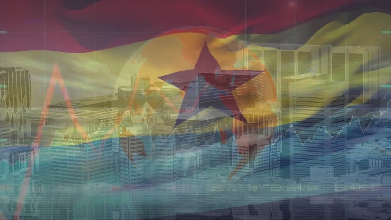 animación de la bandera de la unión europea sobre el procesamiento de datos y los edificios de gran altura en la ciudad moderna