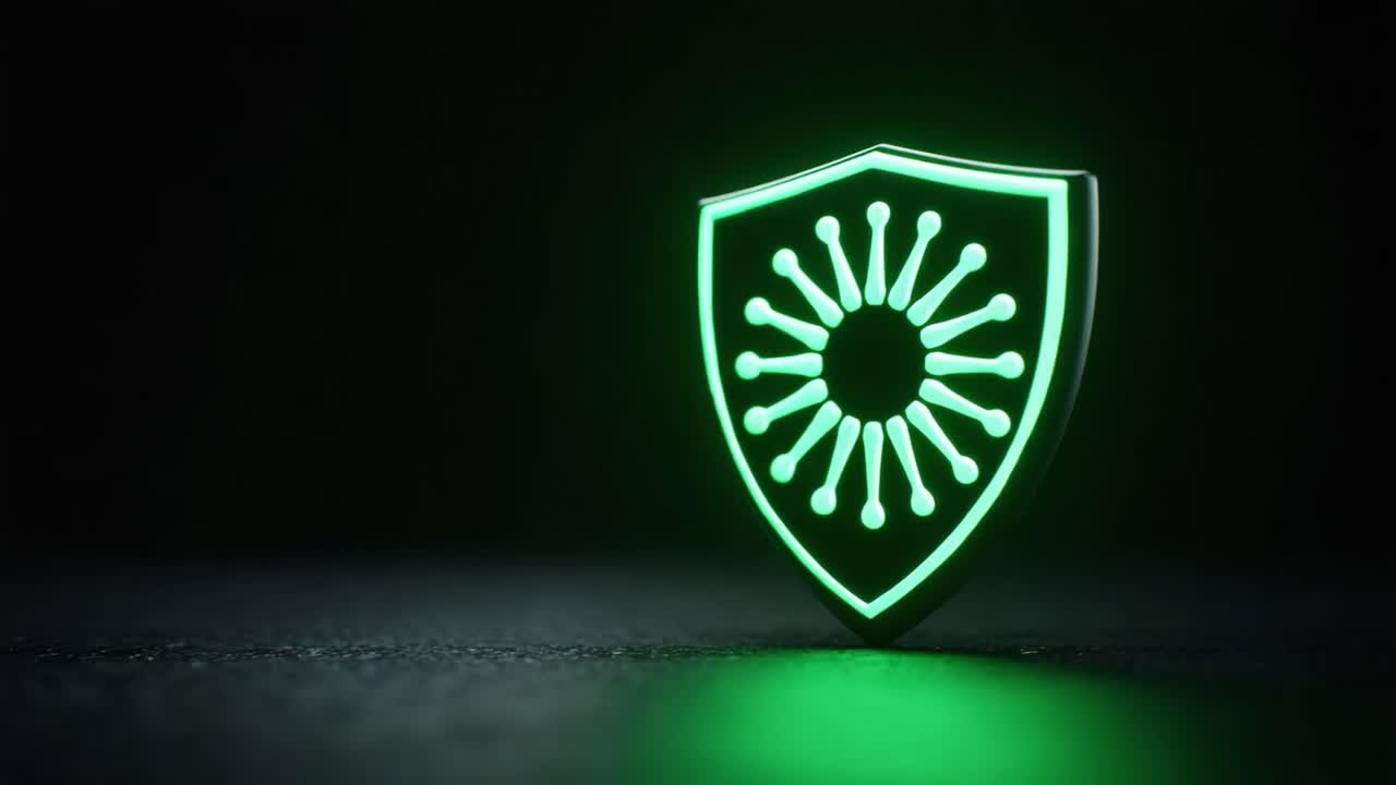 A Captivating Green Shield with Virus Symbol Illuminated Against a Dark Background, Emphasizing Protection and Security in Digital Environments