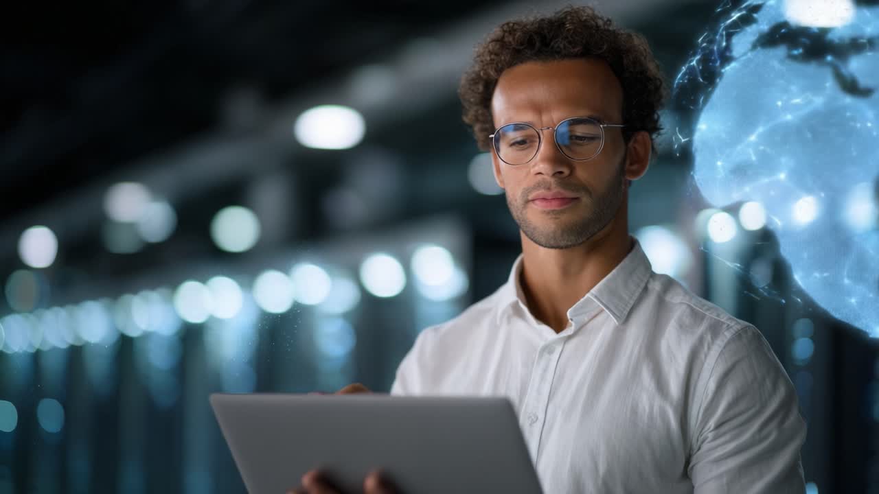 Focused Professional Analyzing Data on Tablet Device in a Modern High-Tech Environment with Futuristic Visuals and Digital Elements in the Background
