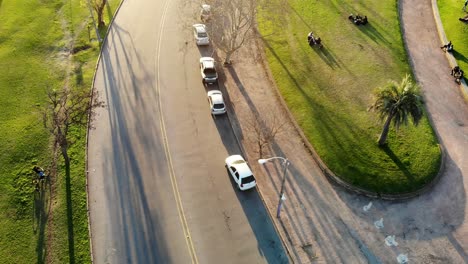 video aéreo de una calle y coches que pasan en el parque en un día soleado ubicado en montevideo, uruguay