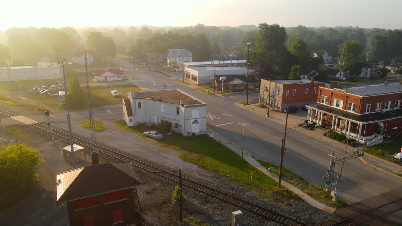 Quiet morning in a rural small town in America with empty streets on golden hour sunrise