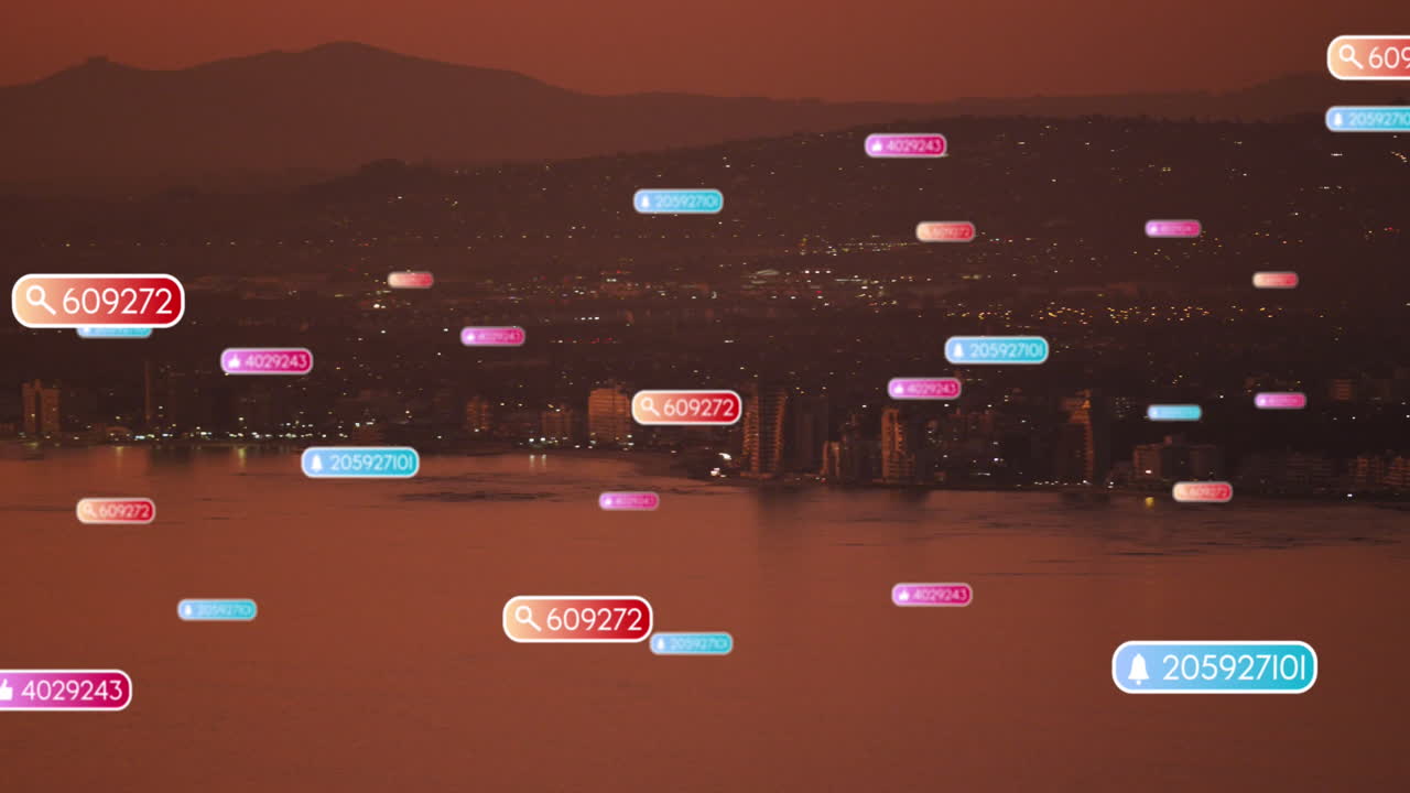 해가 지고 바다 풍경 위의 소셜 미디어 아이콘의 애니메이션