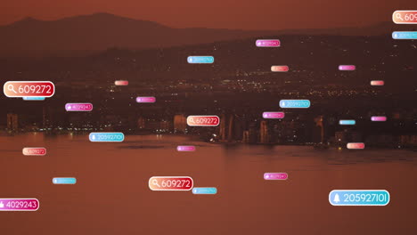 animación de iconos de las redes sociales sobre el atardecer y el paisaje marino