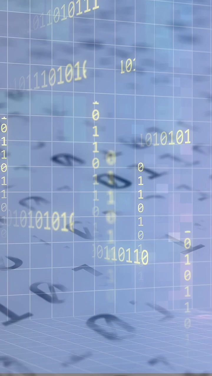 Vertical video: Camera drift sending bits into focus, glowing streams falling and showing data flow