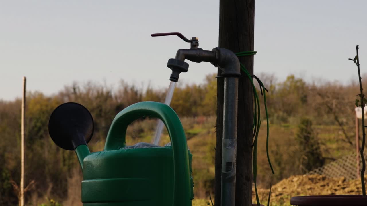 consumo irresponsable de agua, agua que se desborda sobre la regadera en el jardín en el verano en sequía