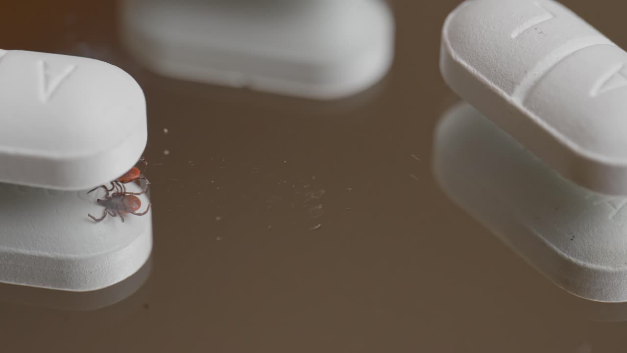 Macro closeup of tick moving among medicine tablets with reflection connected to disease and healthcare
