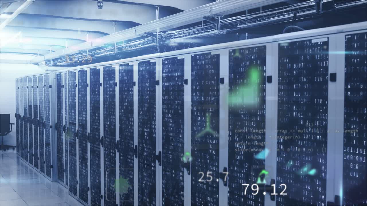 Animation of icons, computer language over binary codes on data server racks in server room