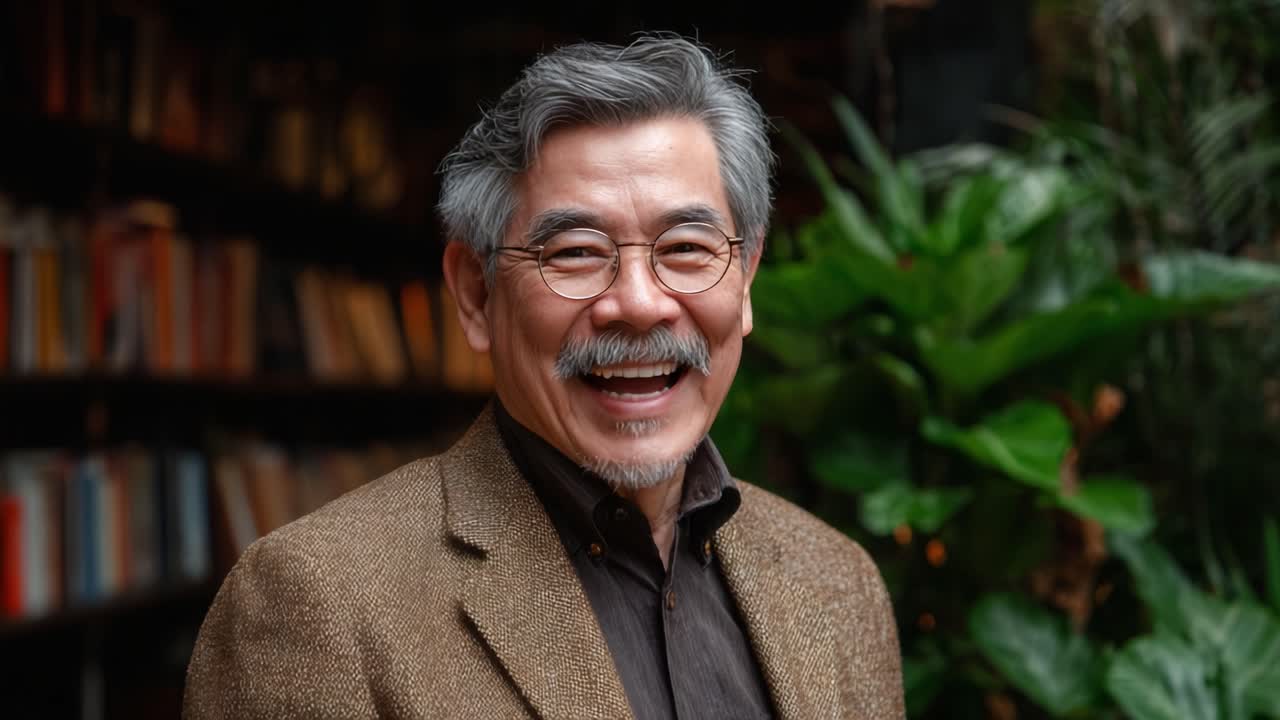 A Sophisticated Portrait of an Elderly Man with a Warm Smile in a Cozy Library Setting Surrounded by Lush Greenery and Books