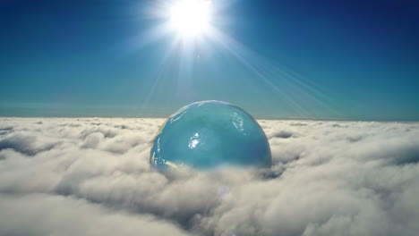 animated world map sphere rotating in middle of clouds, on a sunny day