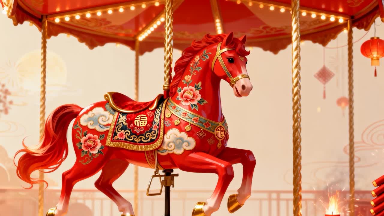 Rotating carousel motor nudging ornate red carousel horse oscillating toward center at festival