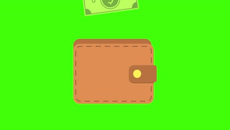 animation of money falling into a purse. the concept of salary, money accumulation or financial profit. flat style. green screen. 4k