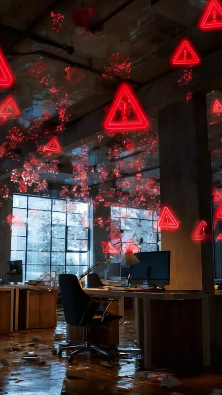 An Abandoned Office Space with Water Damage and Warning Signs Illuminating the Environment, Capturing a Surreal Atmosphere of Neglect and Chaos